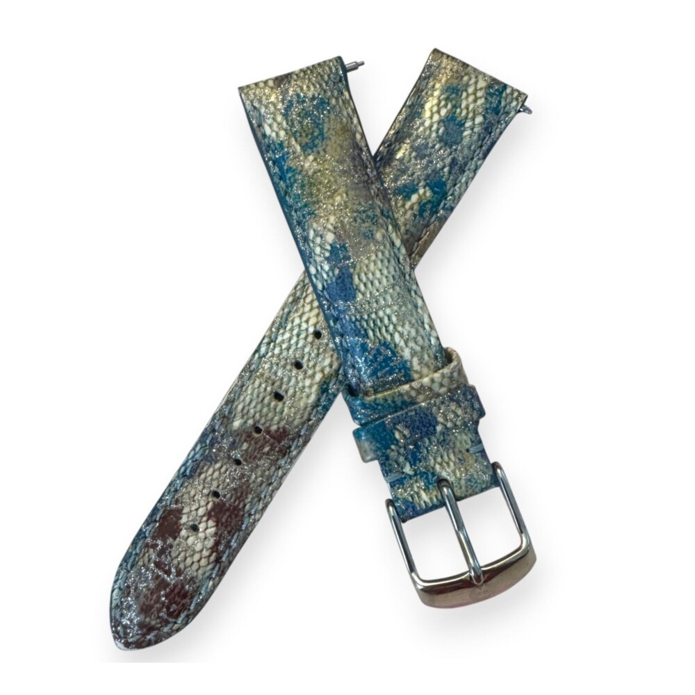 MICHELE 18mm Aqua Haze Metallic Snakeskin Print Genuine Leather Watch Strap Band